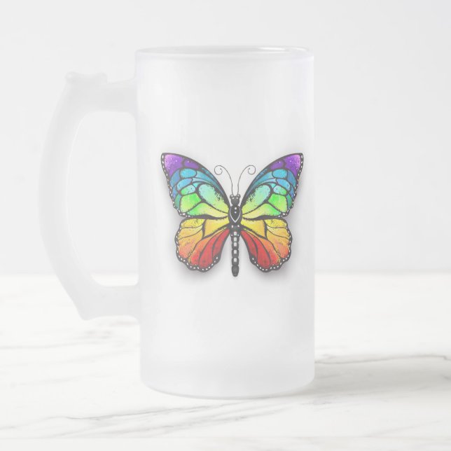 Rainbow butterfly Monarch Frosted Glass Beer Mug (Left)