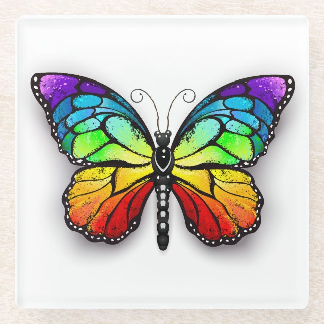 Rainbow butterfly Monarch Glass Coaster (Front)