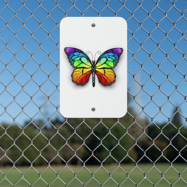 Rainbow butterfly Monarch Metal Sign (In Situ(Fence))