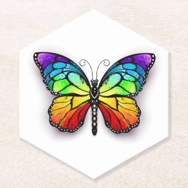 Rainbow butterfly Monarch Paper Coaster (Front)