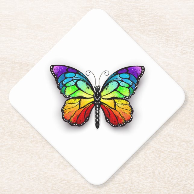Rainbow butterfly Monarch Paper Coaster (Front)