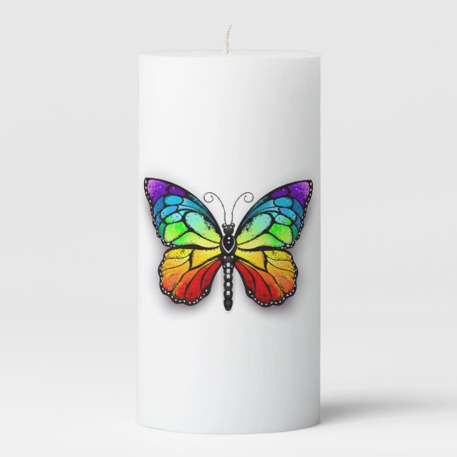 Rainbow butterfly Monarch Pillar Candle (Front)