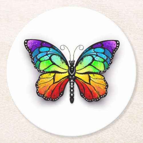 Rainbow butterfly Monarch Round Paper Coaster