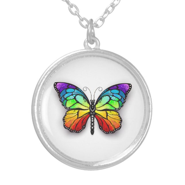 Rainbow butterfly Monarch Silver Plated Necklace (Front)