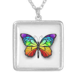 Rainbow butterfly Monarch Silver Plated Necklace