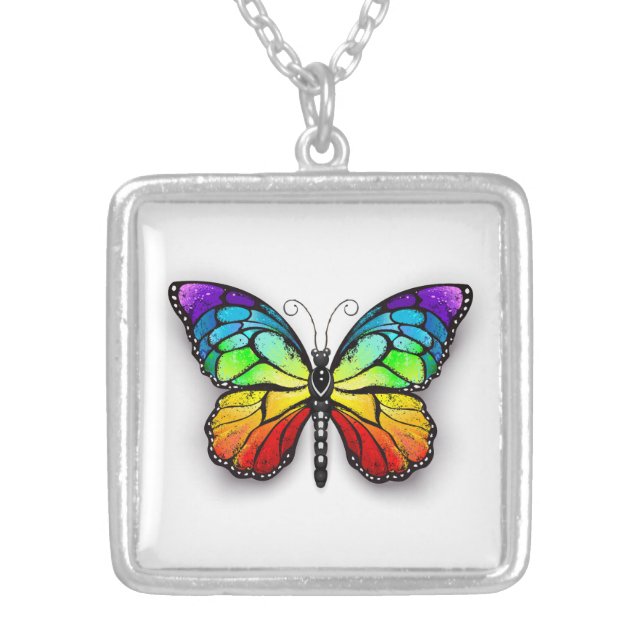 Rainbow butterfly Monarch Silver Plated Necklace (Front)