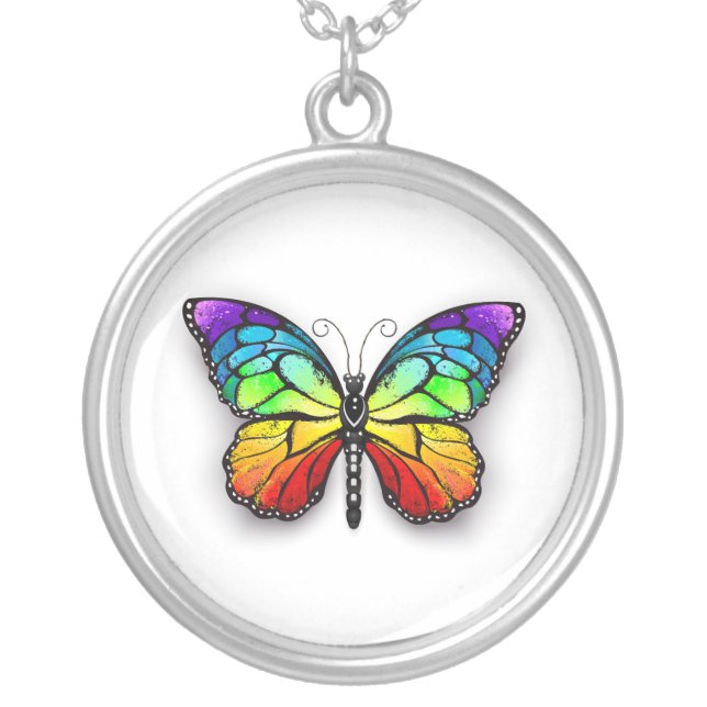 Rainbow butterfly Monarch Silver Plated Necklace (Front)
