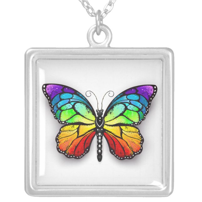 Rainbow butterfly Monarch Silver Plated Necklace (Front)