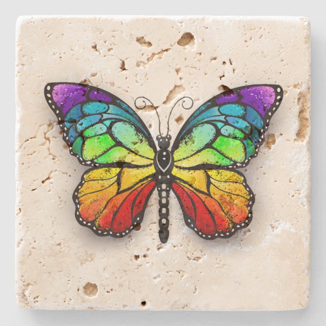 Rainbow butterfly Monarch Stone Coaster (Front)