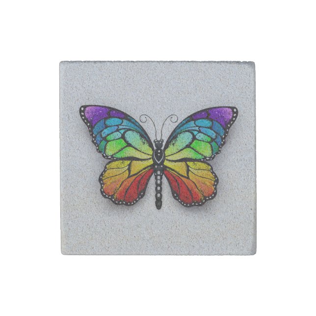 Rainbow butterfly Monarch Stone Magnet (Front)