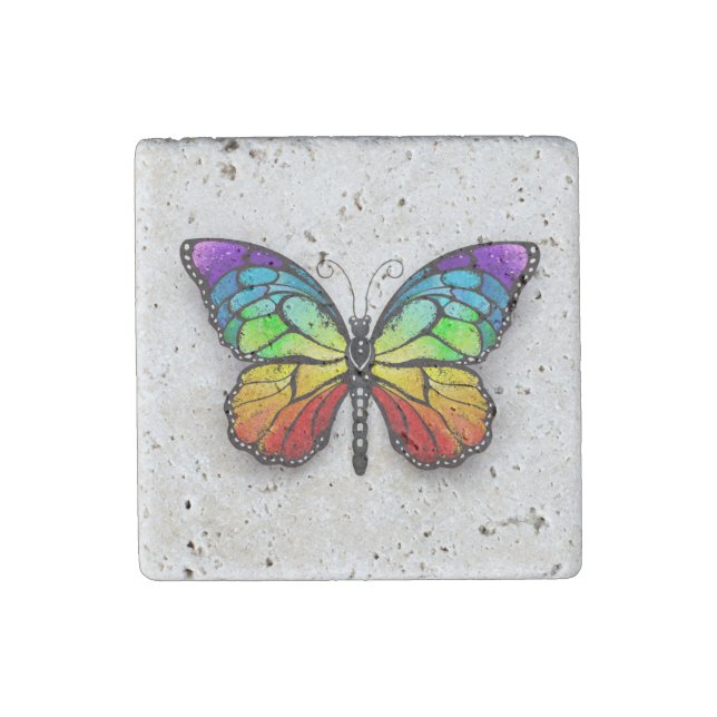 Rainbow butterfly Monarch Stone Magnet (Front)