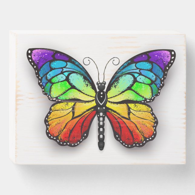 Rainbow butterfly Monarch Wooden Box Sign (Front Horizontal)