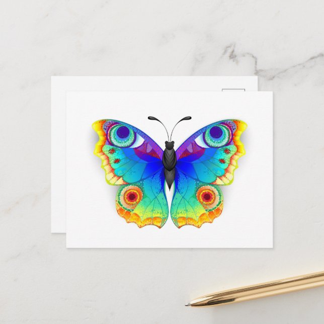 Rainbow Butterfly Peacock Eye Announcement Postcard (Front/Back In Situ)