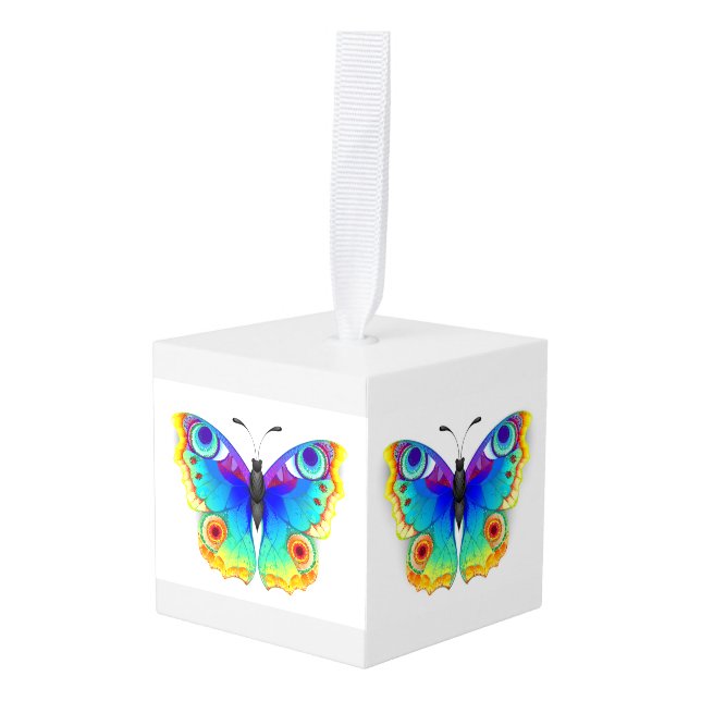 Rainbow Butterfly Peacock Eye Cube Ornament (Front Angled)