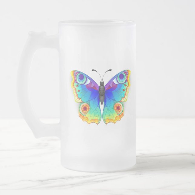 Rainbow Butterfly Peacock Eye Frosted Glass Beer Mug (Left)