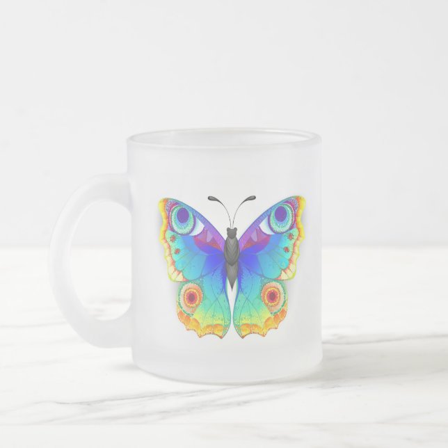 Rainbow Butterfly Peacock Eye Frosted Glass Coffee Mug (Left)