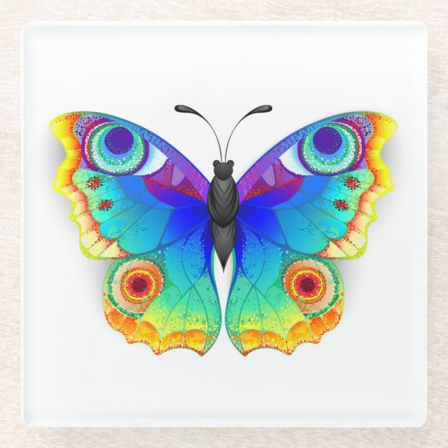 Rainbow Butterfly Peacock Eye Glass Coaster (Front)