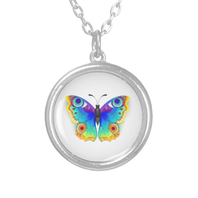 Rainbow Butterfly Peacock Eye Silver Plated Necklace (Front)