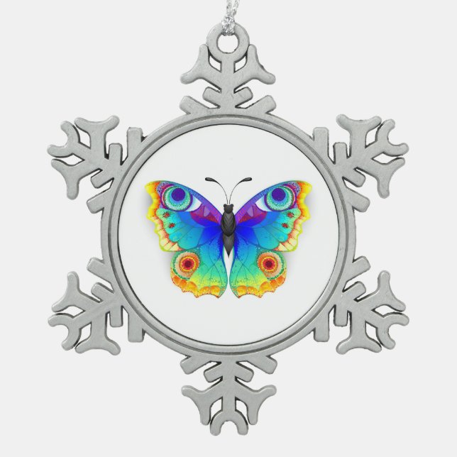 Rainbow Butterfly Peacock Eye Snowflake Pewter Christmas Ornament (Front)