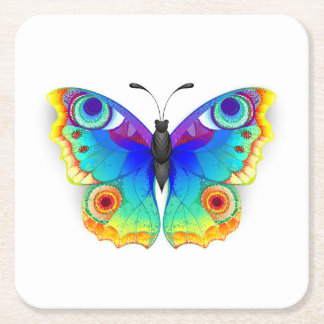Rainbow Butterfly Peacock Eye Square Paper Coaster