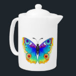 Rainbow Butterfly Peacock Eye Teapot<br><div class="desc">Rainbow,  realistic,  artistically drawn,  bright colors peacock butterfly with textured detailed wings on white background. Rainbow butterfly.</div>