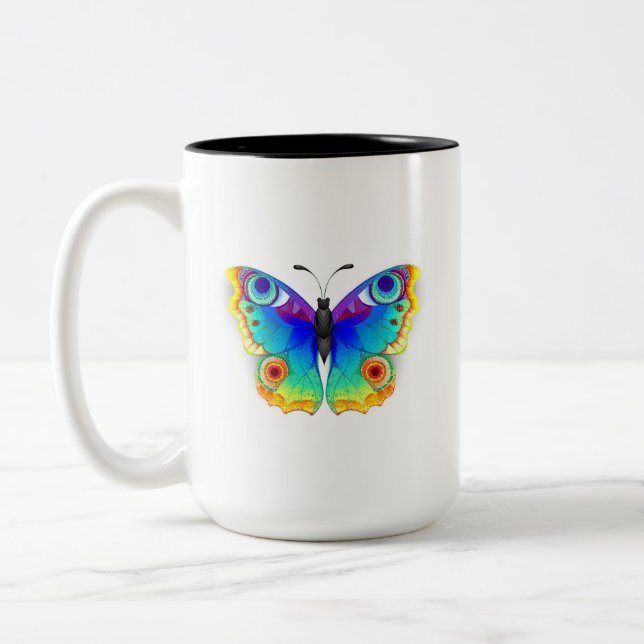 Rainbow Butterfly Peacock Eye Two-Tone Coffee Mug (Left)