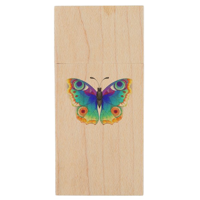 Rainbow Butterfly Peacock Eye Wood Flash Drive (Front Vertical)
