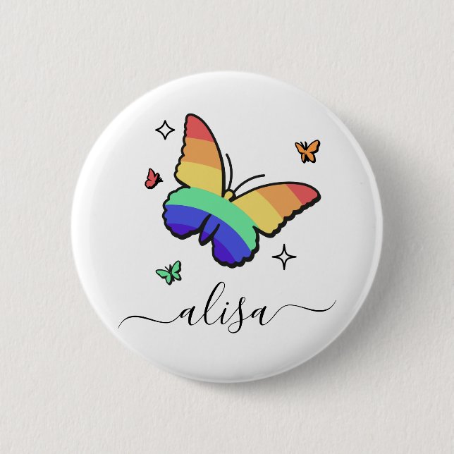 Rainbow Butterfly Personalized Calligraphy Name  Button (Front)
