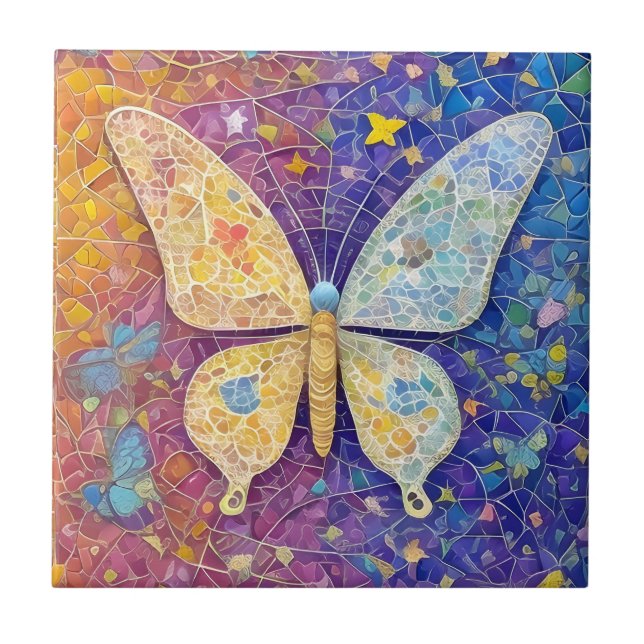 Rainbow Butterfly Pretty Colorful Mosaic Ceramic Tile (Front)