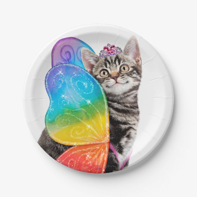 Rainbow Butterfly Princess Kitten Paper Plates (Front)
