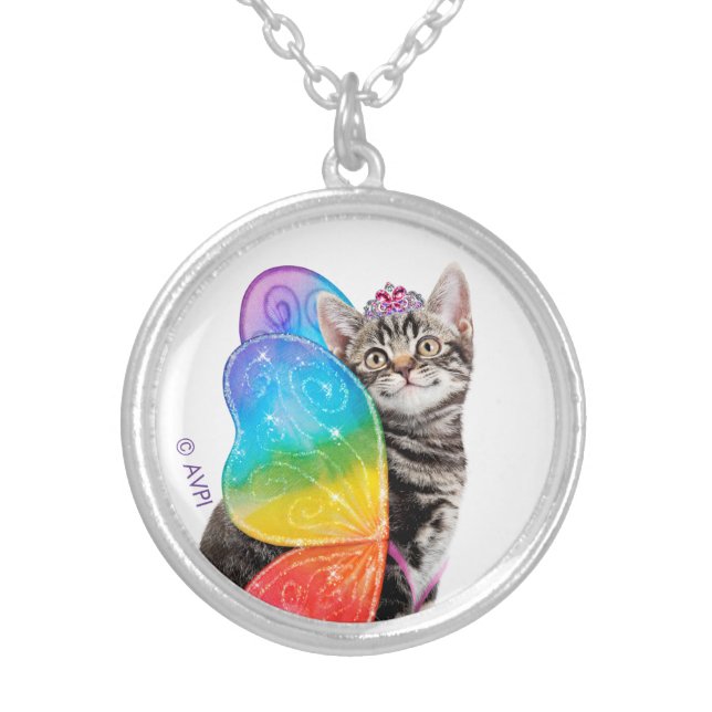 Rainbow Butterfly Princess Kitten Silver Plated Necklace (Front)