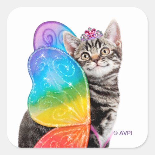 Rainbow Butterfly Princess Kitten Square Sticker