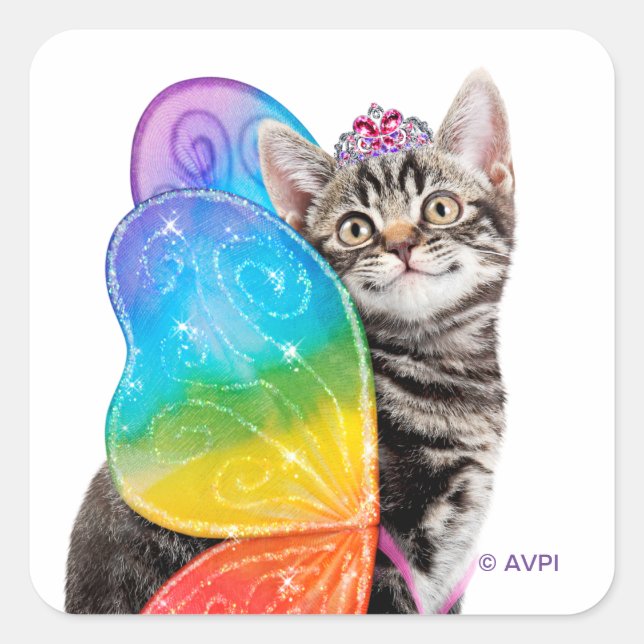 Rainbow Butterfly Princess Kitten Square Sticker (Front)