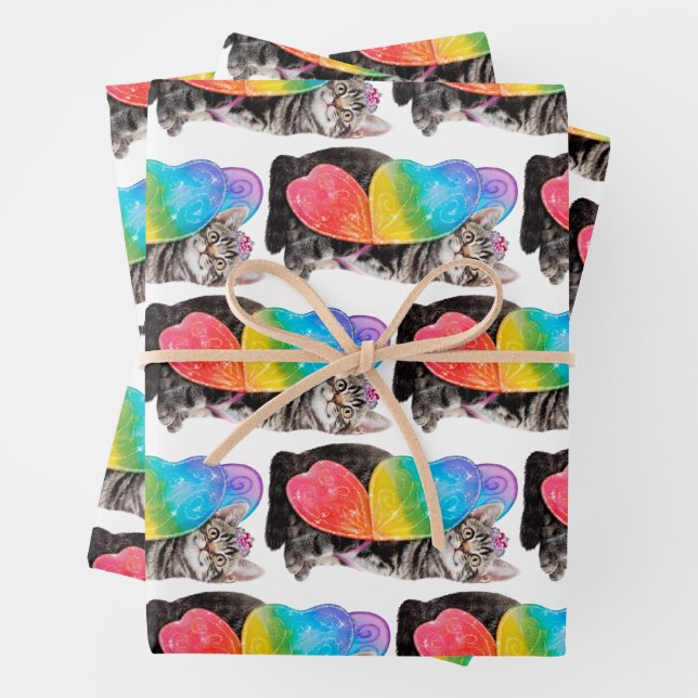 Rainbow Butterfly Princess Kitten Wrapping Paper Sheets (In situ)