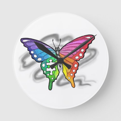 Rainbow Butterfly Round Clock