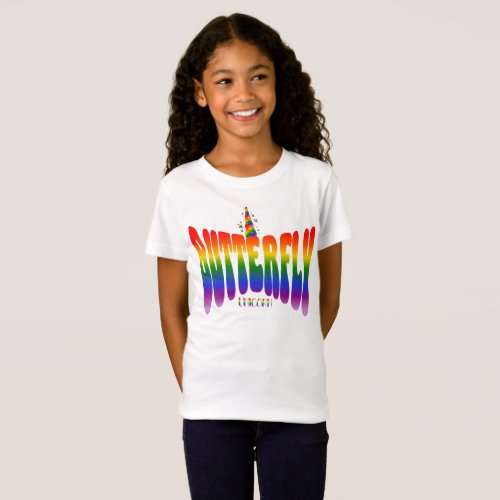 Rainbow butterfly shaped text unicorn T_Shirt