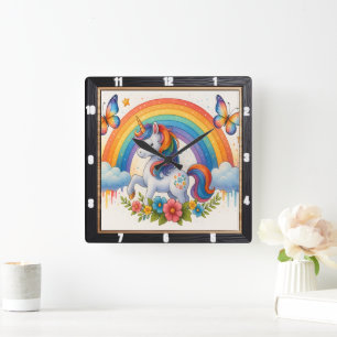 Rainbow Butterfly Whimsical Unicorn Square Wall Clock