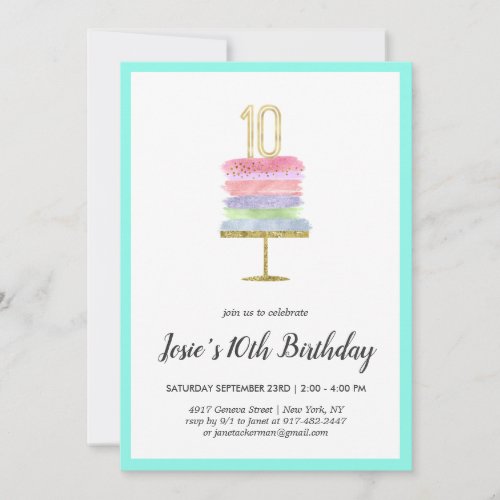 Rainbow Cake  10th Birthday Invitation