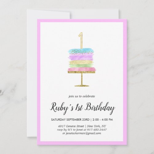 Rainbow Cake  1st Birthday Invitation