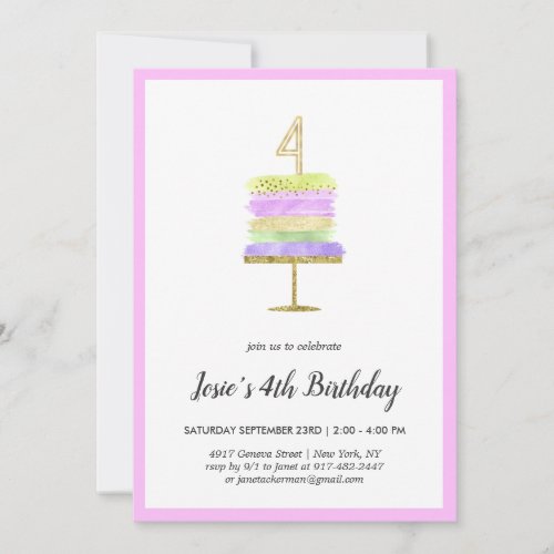 Rainbow Cake  4th Birthday Invitation