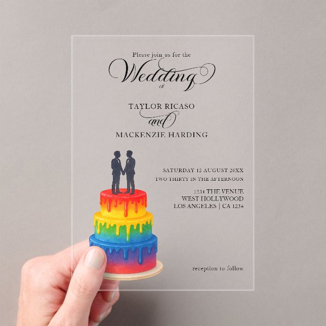 Rainbow cake and elegant script gay wedding acrylic invitations (Insitu (Handheld))