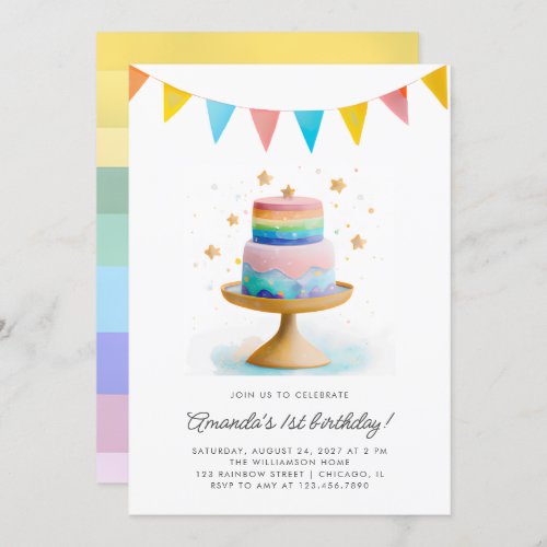 Rainbow Cake and Stars First Birthday Party Invitation