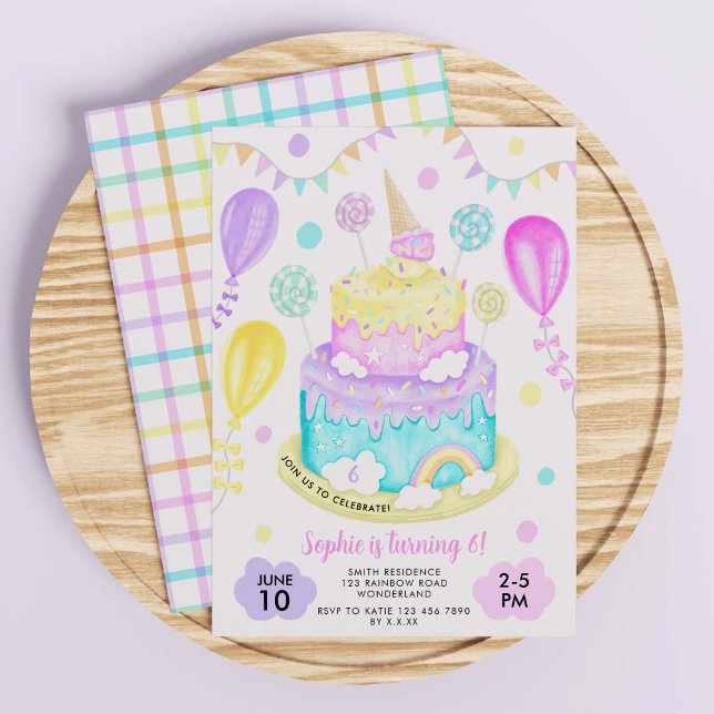Rainbow Cake Birthday Party For Girls Invitation (Girls' Rainbow Cake Birthday Invitation)
