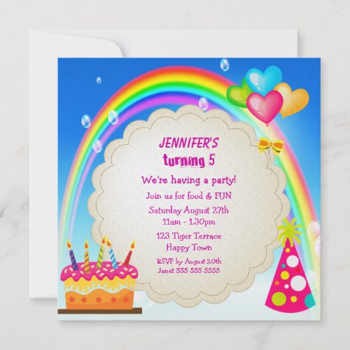 Rainbow  Cake Girls Cute Birthday Party Invites