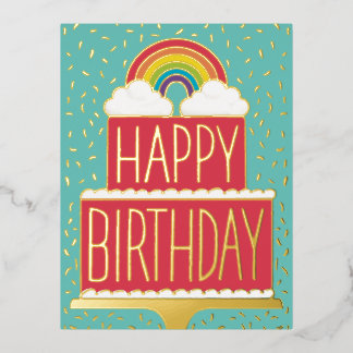 Rainbow Cake Happy Birthday Gold Foil Holiday Postcard