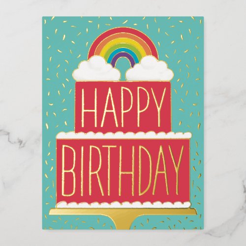 Rainbow Cake Happy Birthday Gold Foil Holiday Postcard