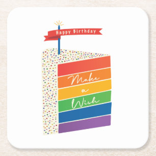 Rainbow Cake Happy Birthday Make a Wish Square Paper Coaster