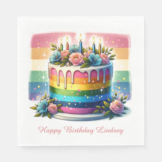 Rainbow Cake Happy Birthday Party Personalized Napkins (Front)