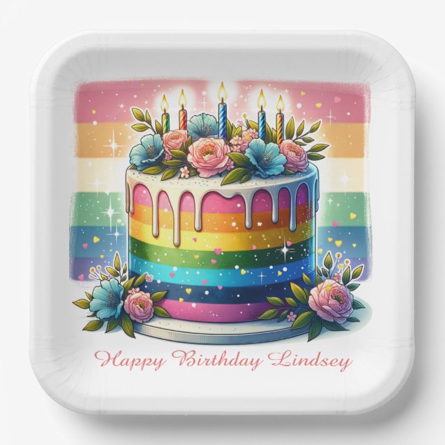 Rainbow Cake Happy Birthday Party Personalized Paper Plates (Front)