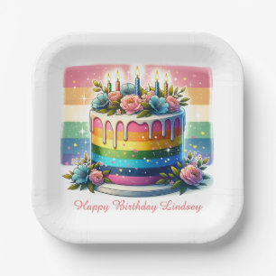 Rainbow Cake Happy Birthday Party Personalized Paper Plates